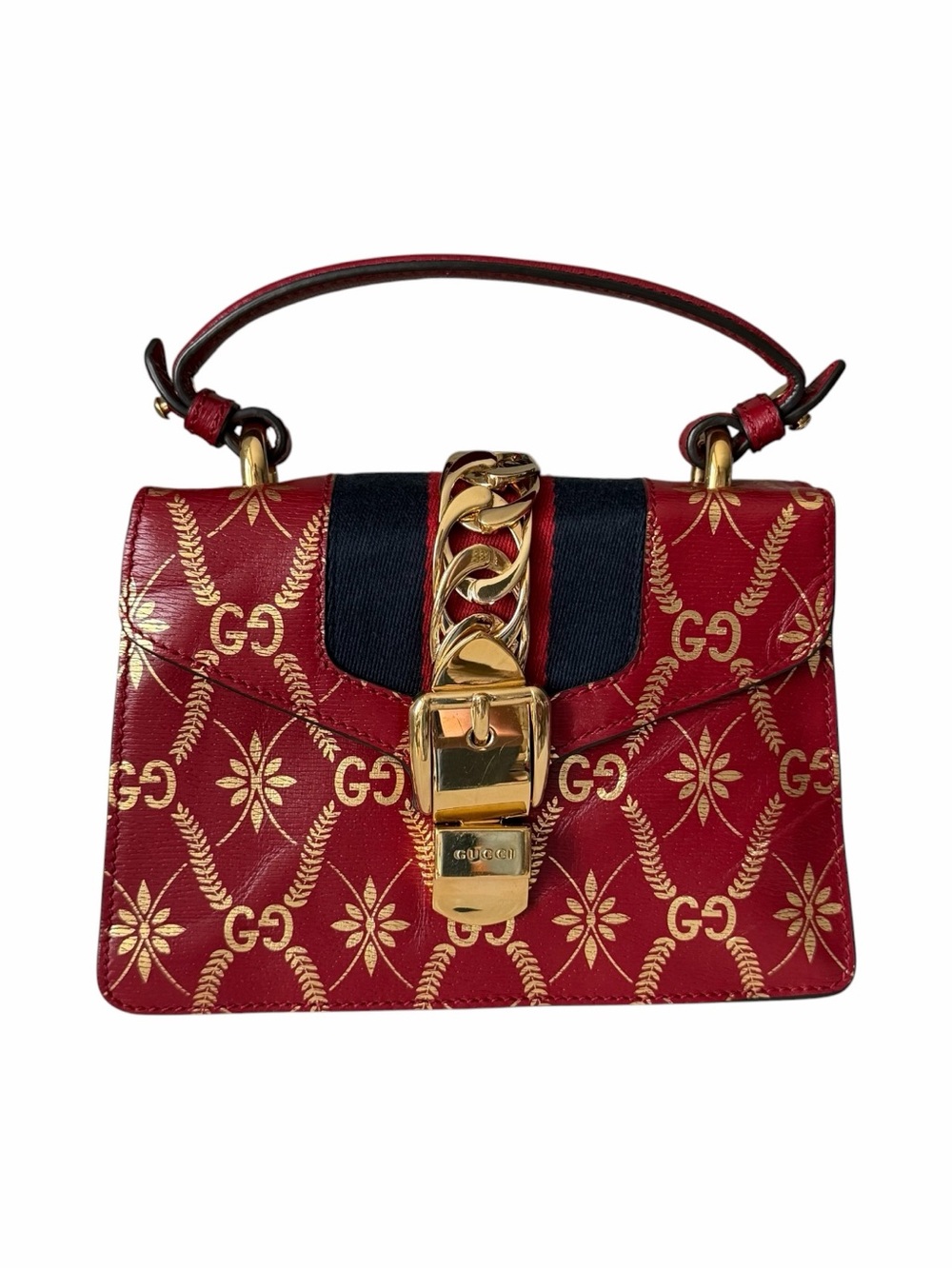 Gucci Sylvie Textured Gold Foil Pattern Mini Top Handle Bag – Hibiscus Red